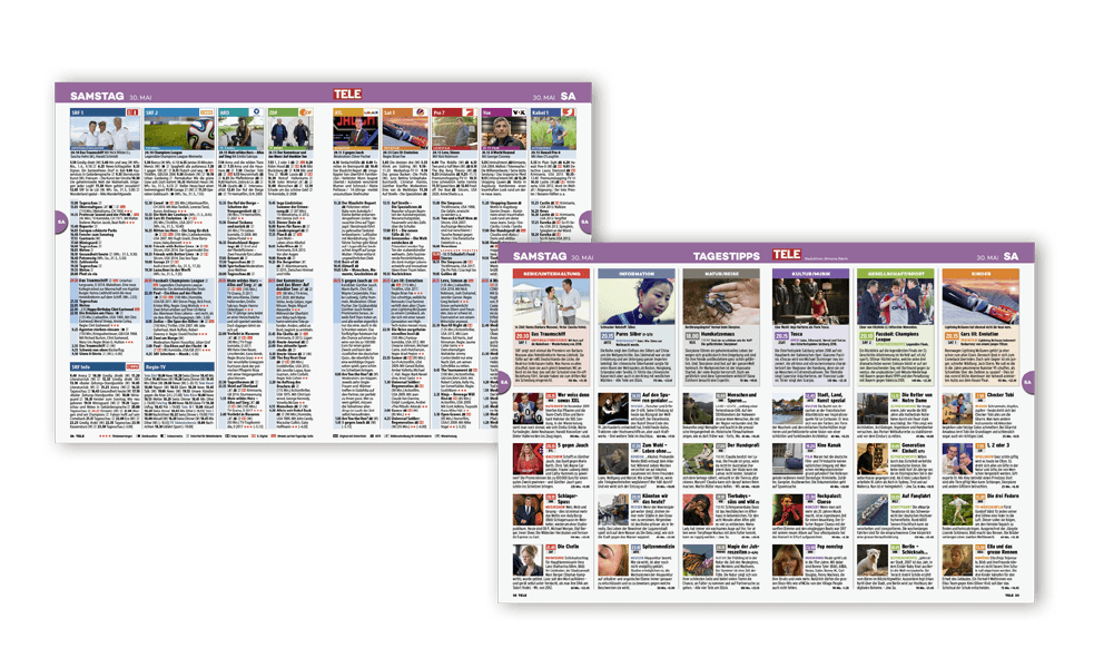 Magazin | Tele | TV Programm Seiten <h2>Alle Infos auf einen Blick</h2>
<p>Der übersichtliche Programmteil bietet eine schnelle Übersicht über mehr als 100 Sender und erleichtert die Programmauswahl mit den ausführlichen TV-Tagestipps sowie attraktiven Wochenhöhepunkten - bewertet von der TELE-Redaktion.</p>